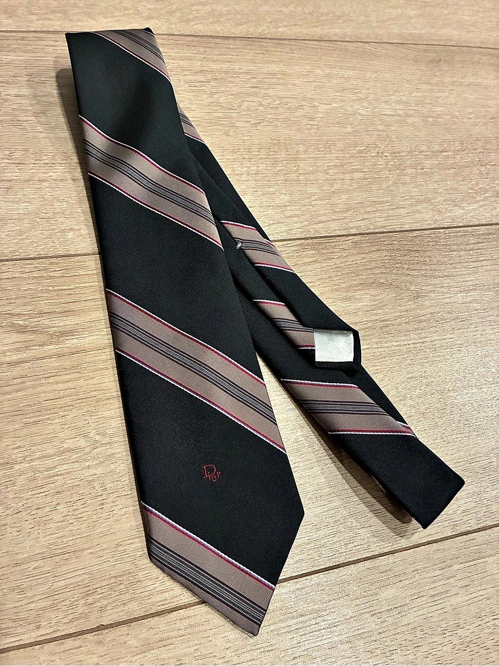 Christian Dior Vintage Men’s Striped Silk Blend Tie Red Black Tan